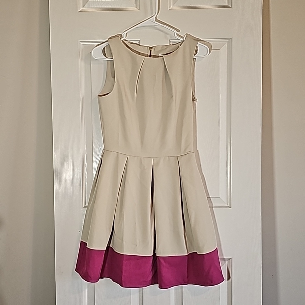 NWT Designer Closet London Dress Beige Magenta Pink Fitted Flare Skirt Size 8